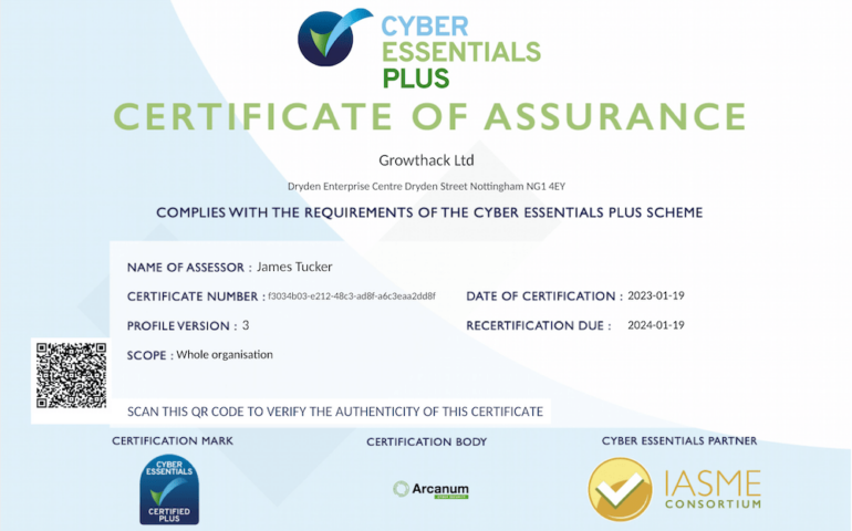cyber essentials plus certificate for Growthack Ltd