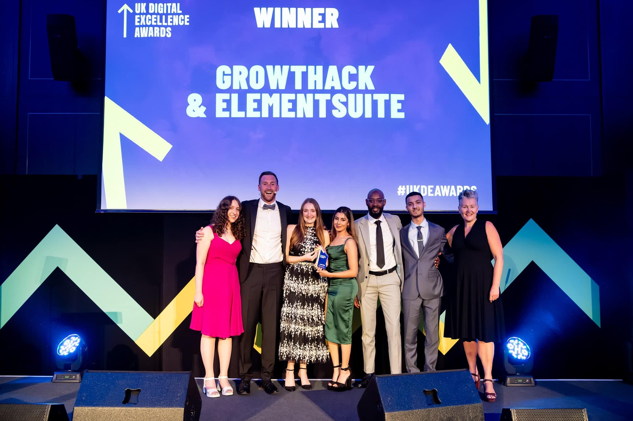 Growthack and elementsuite teams crowned winners at the UK Digital Excellence Awards in 2025 for 'Stand Out B2B SEO Campaign of the Year'